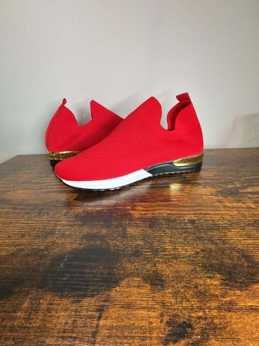 Miluxas Womens Fashion Sneakers Walking Shoes Red Slip On with Gold Heel Accent